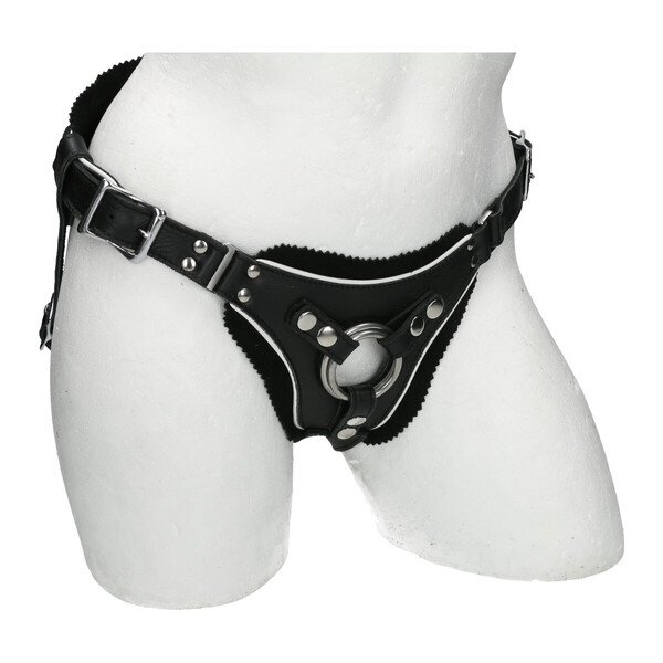 Luxus Strapon-Harness aus Leder Schwarz/Weiß