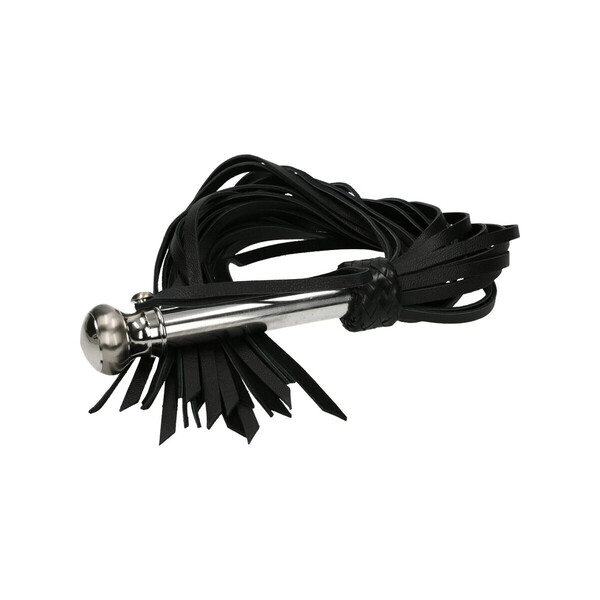 Peitsche mit breiten Lederriemen und Edelstahlgriff